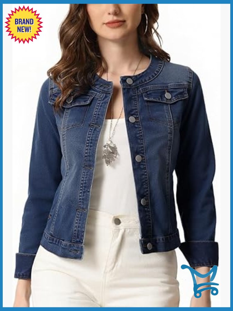 Collarless Round Neck Button Down Denim Jacket - Stretchy Cropped Jean Jacket